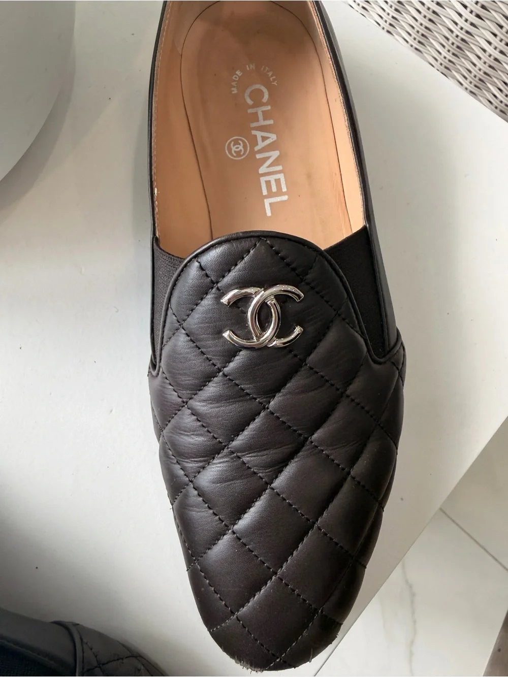 CHANEL Quilted Leather Loafers in Dark Brown with Silver CC